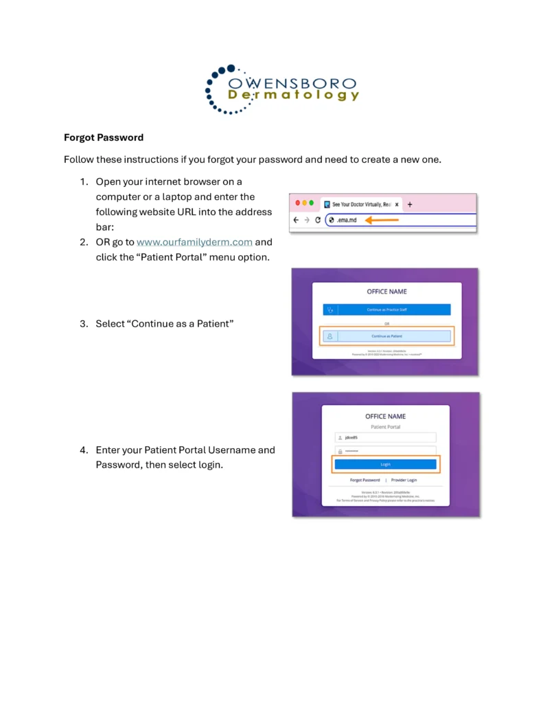 Patients Portal | Forgot Password Instruction | Owensboro Dermatology